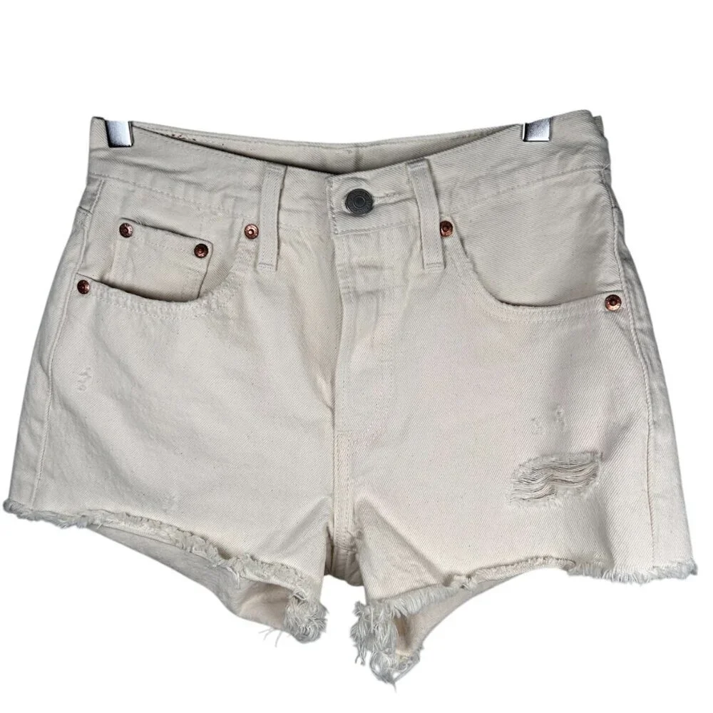Levi’s 501 Size 25 Women Denim Jean Shorts Ecru Festival Boho Summer